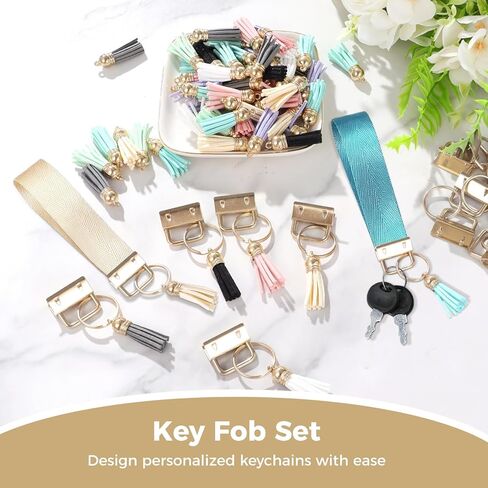 200 Pcs Key Fob Hardware Set, Including 100 Pcs Gold Key Fob and 100 Pcs Tassels, 10 Colors Tassels for DIY Keychain Making, Craft Projects, Bags, Lanyard, Wrist Strap in Kuwait