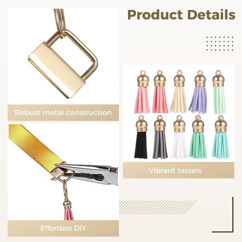 200 Pcs Key Fob Hardware Set, Including 100 Pcs Gold Key Fob and 100 Pcs Tassels, 10 Colors Tassels for DIY Keychain Making, Craft Projects, Bags, Lanyard, Wrist Strap in Kuwait