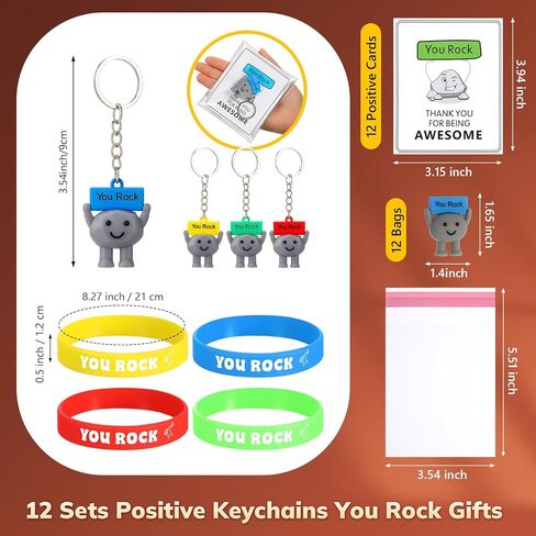 Gejoy 12 مجموعة من الهدايا الإيجابية التي تتضمن 12 سلسلة مفاتيح من التماثيل الصغيرة You Rock و12 سوارًا من السيليكون و12 بطاقة إيجابية و12 كيسًا من الهدايا المنمنمة التشجيعية الملهمة لفريق الموظفين في زملاء العمل in Kuwait