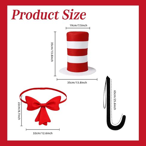 3 Pcs Cat Costume with Red and White Stovepipe Hat Bowtie Tail Fit World Book Day Halloween Cosplay Party Costume Accessories in Saudi Arabia