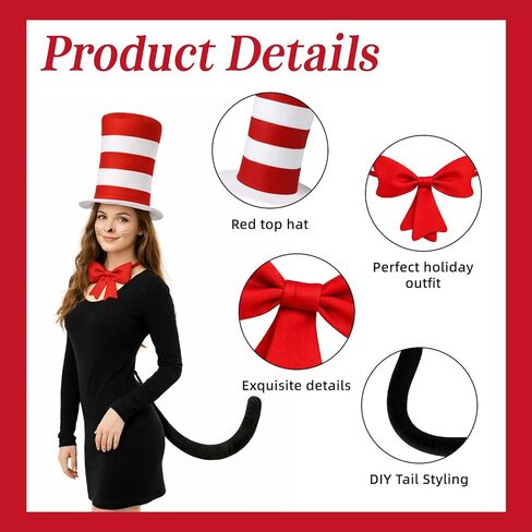 3 Pcs Cat Costume with Red and White Stovepipe Hat Bowtie Tail Fit World Book Day Halloween Cosplay Party Costume Accessories in Saudi Arabia