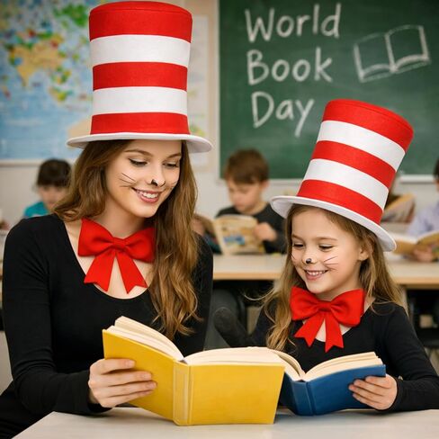 3 Pcs Cat Costume with Red and White Stovepipe Hat Bowtie Tail Fit World Book Day Halloween Cosplay Party Costume Accessories in Saudi Arabia