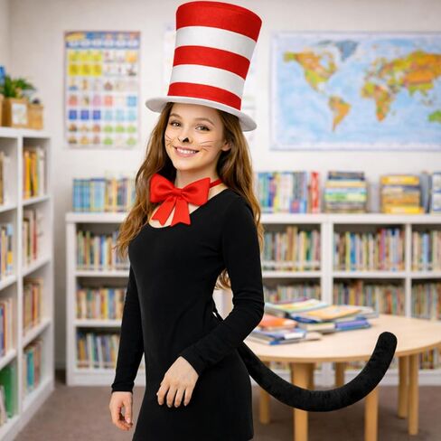 3 Pcs Cat Costume with Red and White Stovepipe Hat Bowtie Tail Fit World Book Day Halloween Cosplay Party Costume Accessories in Saudi Arabia