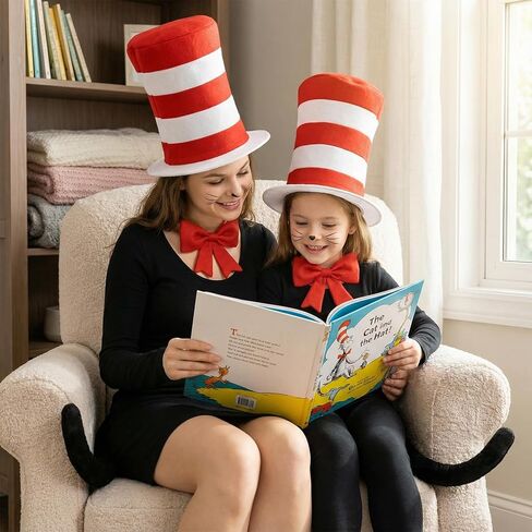 3 Pcs Cat Costume with Red and White Stovepipe Hat Bowtie Tail Fit World Book Day Halloween Cosplay Party Costume Accessories in Saudi Arabia