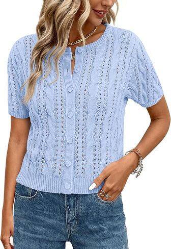 MASCOMODA Women Summer Cable Knit Crochet Cardigan Sweaters Casual Button Short Sleeve Sweater Cute Beach Hollow Out Knit Top in Saudi Arabia