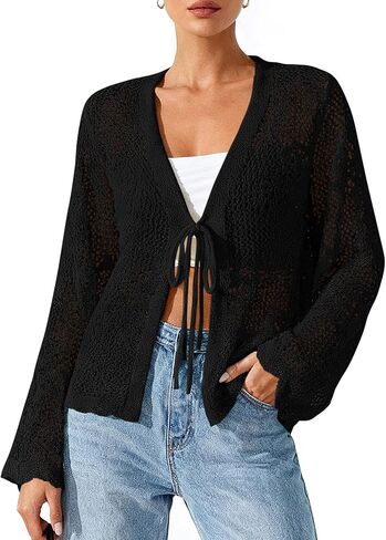 BTFBM Summer Cardigans for Women Lightweight 2026 Spring Crochet Mesh Long Sleeve Tie Front Knit Beach Vacation Outfits in Saudi Arabia