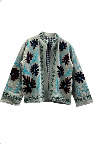Embroidered Jacket, Gray with Floral Design, Turquoise and Black Embroidery, Long Sleeve in Saudi Arabia