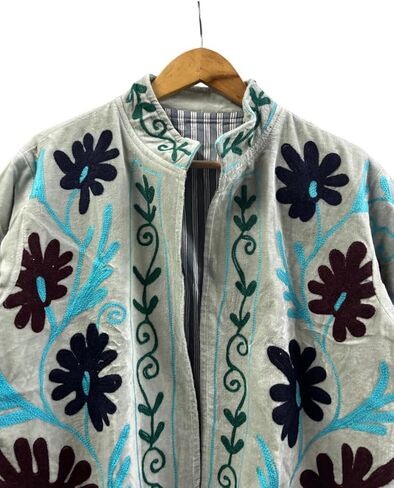 Embroidered Jacket, Gray with Floral Design, Turquoise and Black Embroidery, Long Sleeve in Saudi Arabia