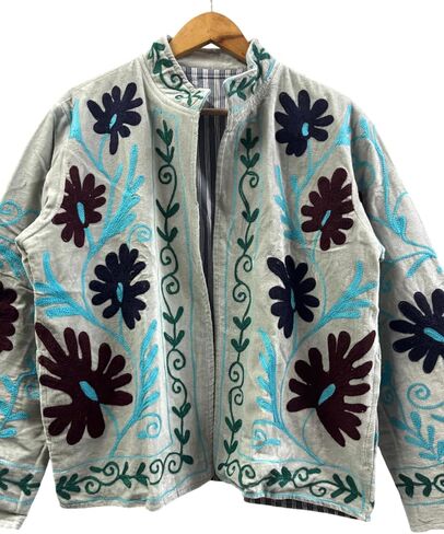 Embroidered Jacket, Gray with Floral Design, Turquoise and Black Embroidery, Long Sleeve in Saudi Arabia