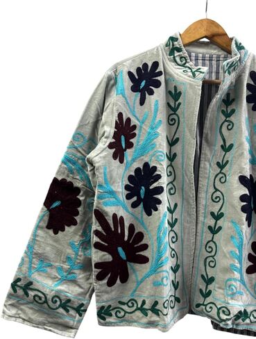 Embroidered Jacket, Gray with Floral Design, Turquoise and Black Embroidery, Long Sleeve in Saudi Arabia