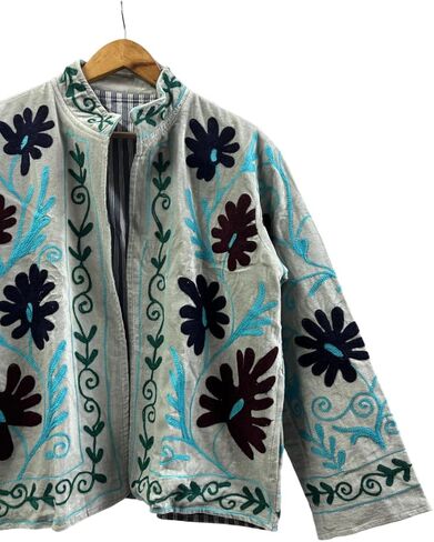 Embroidered Jacket, Gray with Floral Design, Turquoise and Black Embroidery, Long Sleeve in Saudi Arabia