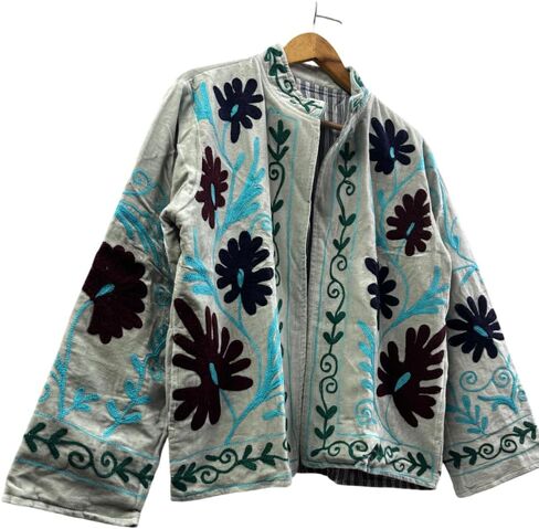Embroidered Jacket, Gray with Floral Design, Turquoise and Black Embroidery, Long Sleeve in Saudi Arabia