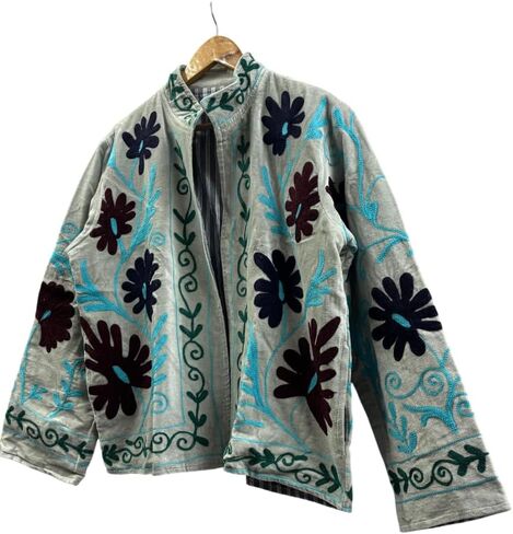 Embroidered Jacket, Gray with Floral Design, Turquoise and Black Embroidery, Long Sleeve in Saudi Arabia
