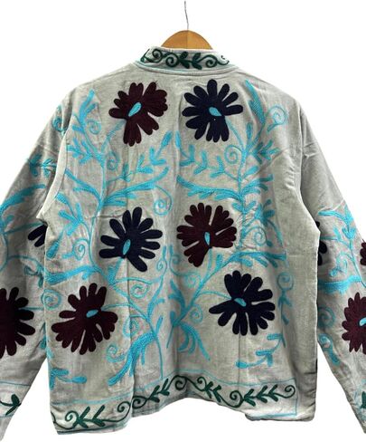 Embroidered Jacket, Gray with Floral Design, Turquoise and Black Embroidery, Long Sleeve in Saudi Arabia