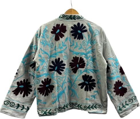 Embroidered Jacket, Gray with Floral Design, Turquoise and Black Embroidery, Long Sleeve in Saudi Arabia