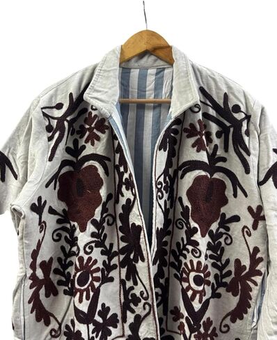 Embroidered Jacket, White with Black and Brown Floral Design, Reversible Striped Lining, Open Front in Saudi Arabia