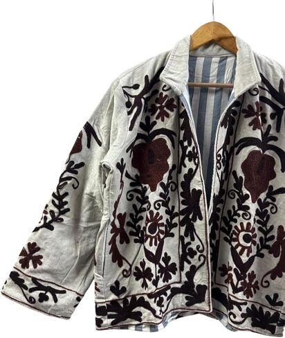 Embroidered Jacket, White with Black and Brown Floral Design, Reversible Striped Lining, Open Front in Saudi Arabia