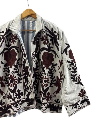 Embroidered Jacket, White with Black and Brown Floral Design, Reversible Striped Lining, Open Front in Saudi Arabia