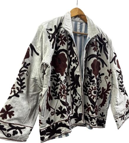 Embroidered Jacket, White with Black and Brown Floral Design, Reversible Striped Lining, Open Front in Saudi Arabia
