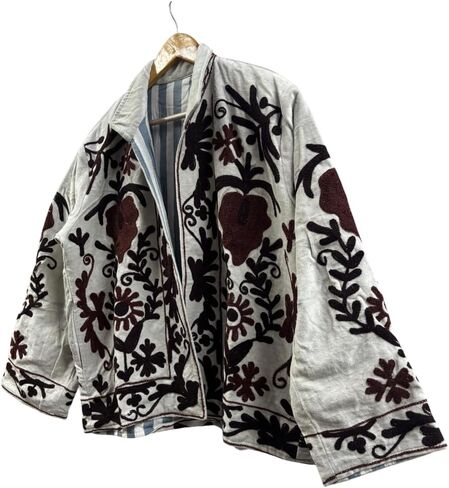 Embroidered Jacket, White with Black and Brown Floral Design, Reversible Striped Lining, Open Front in Saudi Arabia