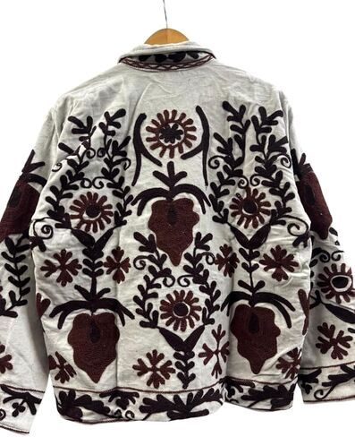 Embroidered Jacket, White with Black and Brown Floral Design, Reversible Striped Lining, Open Front in Saudi Arabia