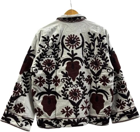 Embroidered Jacket, White with Black and Brown Floral Design, Reversible Striped Lining, Open Front in Saudi Arabia