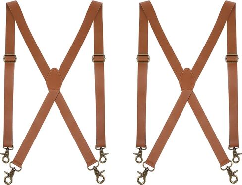 2pcs Brown Leather Suspenders for Men, Mens Suspenders for Jeans Dress Pants Heavy Duty with Clips for Seniors, Occidental Leather Suspender Straps Adjustable X Back Strap with Swivel Hooks in Kuwait