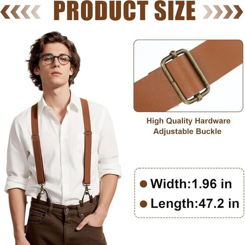 2pcs Brown Leather Suspenders for Men, Mens Suspenders for Jeans Dress Pants Heavy Duty with Clips for Seniors, Occidental Leather Suspender Straps Adjustable X Back Strap with Swivel Hooks in Kuwait