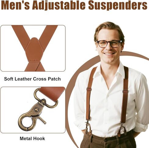 2pcs Brown Leather Suspenders for Men, Mens Suspenders for Jeans Dress Pants Heavy Duty with Clips for Seniors, Occidental Leather Suspender Straps Adjustable X Back Strap with Swivel Hooks in Kuwait