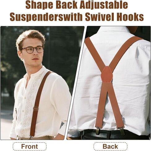 2pcs Brown Leather Suspenders for Men, Mens Suspenders for Jeans Dress Pants Heavy Duty with Clips for Seniors, Occidental Leather Suspender Straps Adjustable X Back Strap with Swivel Hooks in Kuwait
