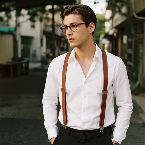 2pcs Brown Leather Suspenders for Men, Mens Suspenders for Jeans Dress Pants Heavy Duty with Clips for Seniors, Occidental Leather Suspender Straps Adjustable X Back Strap with Swivel Hooks in Kuwait