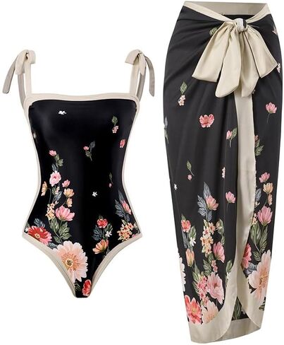 One Piece Bathing Suit for Women with Beach Cover up Wrap Skirt Swimsuit Sarong Retro Floral Print Bikini Set in Saudi Arabia