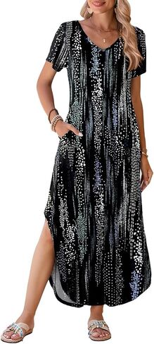 فستان BELAROI للسيدات بمقاس كبير فستان صيفي كاجوال بياقة على شكل V وأكمام قصيرة فستان طويل فضفاض وجيوب منفصلة in Kuwait