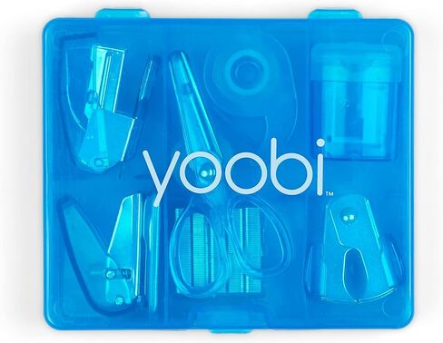 مجموعة لوازم المكتب الصغيرة Yoobi Blue - مجموعة لوازم مدرسية صغيرة للأطفال والكبار - تتضمن مقصًا ودباسة صغيرة ومزيل دبابيس ودبابيس وموزع أشرطة والمزيد - مجموعة لوازم المدرسة أو المنزل أو المكتب in Kuwait