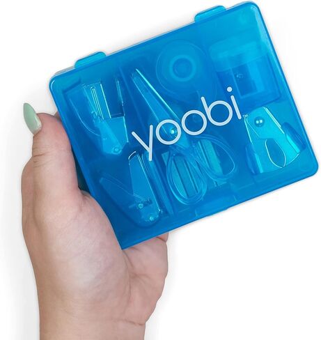 مجموعة لوازم المكتب الصغيرة Yoobi Blue - مجموعة لوازم مدرسية صغيرة للأطفال والكبار - تتضمن مقصًا ودباسة صغيرة ومزيل دبابيس ودبابيس وموزع أشرطة والمزيد - مجموعة لوازم المدرسة أو المنزل أو المكتب in Kuwait