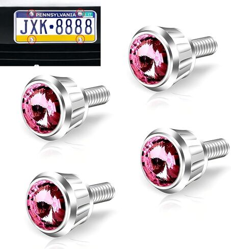 4 PCS License Plate Screws Fastener Kit, Sparkling Rhinestone Car Anti Theft Screw Caps, Cool Funny License Plate Frame Decorative Screws Bolts, Universal for Most Cars, Trucks, SUVs (Pink) in Saudi Arabia