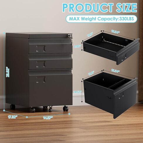 Aobabo 3 Drawer File Cabinet with Lock,Small Filing Cabinet Under Desk for Home Office Organizer Letters/Legal/A4,Required Assembly,Black in Kuwait