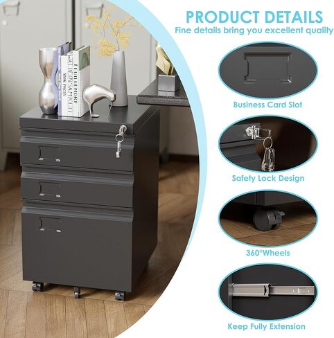 Aobabo 3 Drawer File Cabinet with Lock,Small Filing Cabinet Under Desk for Home Office Organizer Letters/Legal/A4,Required Assembly,Black in Kuwait