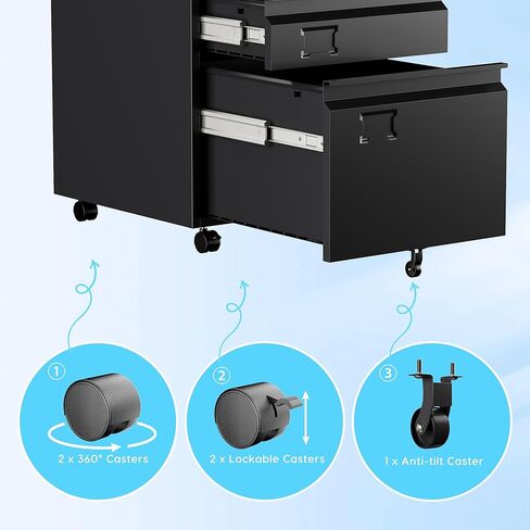 Aobabo 3 Drawer File Cabinet with Lock,Small Filing Cabinet Under Desk for Home Office Organizer Letters/Legal/A4,Required Assembly,Black in Kuwait