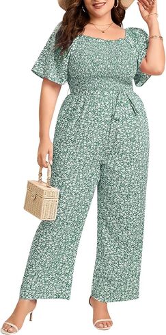Yesfashion Plus Size Women's Smocked Jumpsuit Square Neck Short Sleeve Wide Leg Casual Summer Vacation Romper in Saudi Arabia