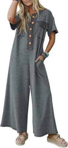 Fisoew Womens Casual Loose Jumpsuits Short Sleeve V-Neck Button Down One Piece Outfits Wide Leg Summer Long Pant Rompers in Saudi Arabia