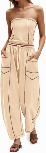 Cicy Bell Womens Summer Strapless Jumpsuits Casual Off the Shoulder Loose Romper Drawstring Barrel Outfits Jumpers in Saudi Arabia