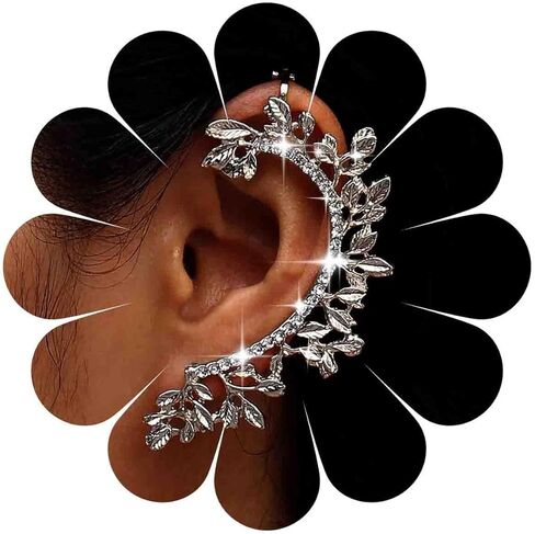 Women's Gold Leaf Ear Cuff Earrings, Crystal Rhinestone Branch Wrap Earring, Boho Elegant Statement Ear Jewelry for Party Wedding in Saudi Arabia