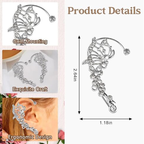 2 Pcs Butterfly Ear Cuffs Earrings for Women Butterfly Ear Wrap No Piercing Ears Clip Glitter Zircon Ears Jewelry for Renaissance Party Fairy Costume Cosplay Accessories Festival Gifts (Silver) in Saudi Arabia