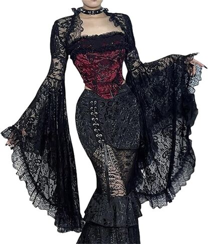 سترة نسائية بأكمام جرس من الدانتيل الفيكتوري - بلوزة قوطي شفافة بتصميم Steampunk من الأزهار لحفلات زفاف الديسكو in Kuwait