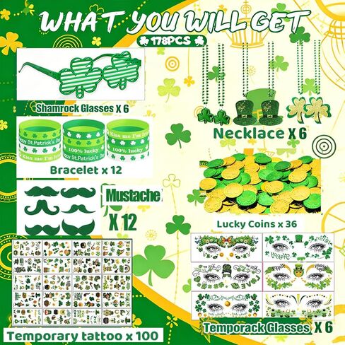 178 حزمة من إكسسوارات يوم القديس باتريك، إكسسوارات زينة سانت باتي، هدايا الحفلات، نظارات شامروك السائبة، أساور المعصم، قلادة وشم اللحية الخضراء، عملات معدنية لمستلزمات الحفلات الأيرلندية in Kuwait