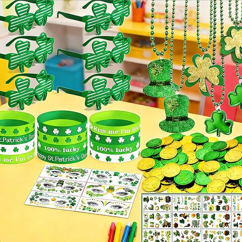 178 حزمة من إكسسوارات يوم القديس باتريك، إكسسوارات زينة سانت باتي، هدايا الحفلات، نظارات شامروك السائبة، أساور المعصم، قلادة وشم اللحية الخضراء، عملات معدنية لمستلزمات الحفلات الأيرلندية in Kuwait