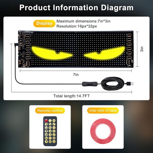 مصابيح LED للسيارة - علامة LED مخصصة، ضوء عيون الشيطان للزجاج الأمامي بأنماط ديناميكية، التطبيق/جهاز التحكم عن بعد، مقاوم للماء IP68، يعمل بمنفذ USB للسيارات/الشاحنات/المركبات الترفيهية، قطعة واحدة (7 × 3 بوصات) in Kuwait