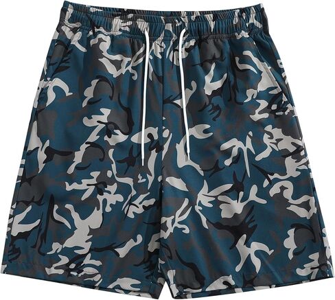 Men's Casual Shorts - Breathable Athletic Fit Short Pants with Camo Graphic Print and Adjustable Drawstring - Blue in Saudi Arabia