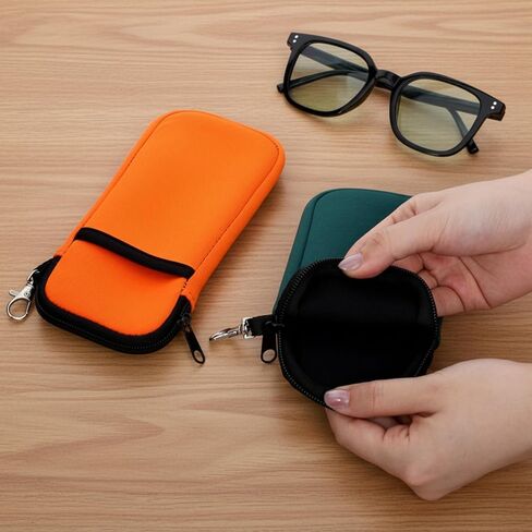 Soft Glasses Case, 2 Pcs Eyeglass Case with Carabiner Hook Lightweight Travel Eye Glass Cases Double Layer Soft Sunglass Cases Small Zipper Pouch (Orange + Green) in Saudi Arabia
